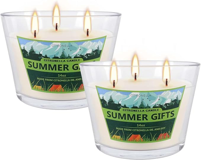 2x14oz Large 3-Wick Outdoor Indoor Citronella Candles,Natural Soy Wax Candles in Glass Jar,Bulk for Garden Yard Home Balcony Camping Backyard,Summer Candle Bulk for Home, Long Burning