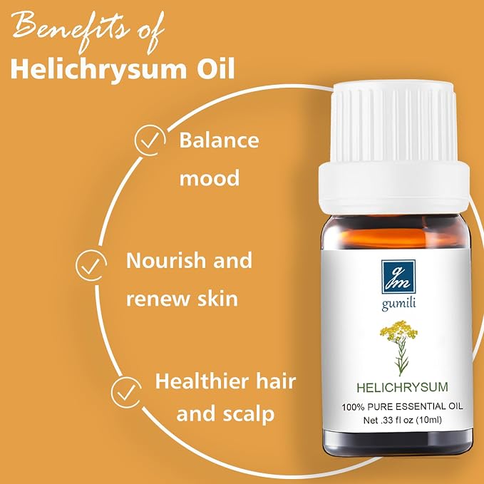 GM Gumili Helichrysum Essential Oil, 100% Pure Helichrysum Oil for Skin, Bruising, Body, Spray & DIY- 10ml