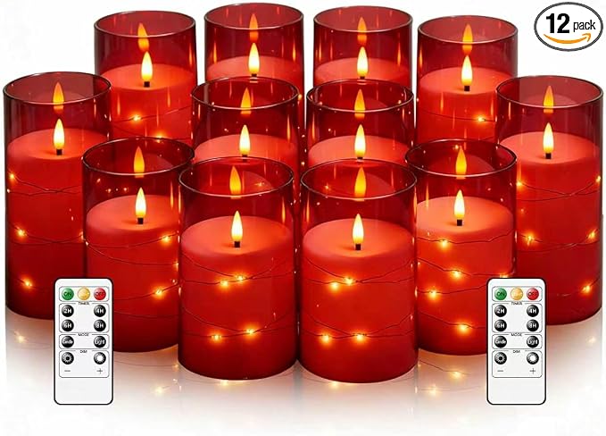 kakoya Flameless LED Candles with Timer 12 Pc Flickering Flameless Candles for Romantic Ambiance and Home Decoration Stable Acrylic Shell,with Embedded Star String，Battery Operated Candles(Red)