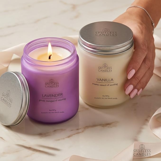 Aromatic Candles Two Pack - 2 x 8 oz Lavender & Vanilla in a Gift Pack, Classic Candle Set for Men and Women by Spotless Leopard