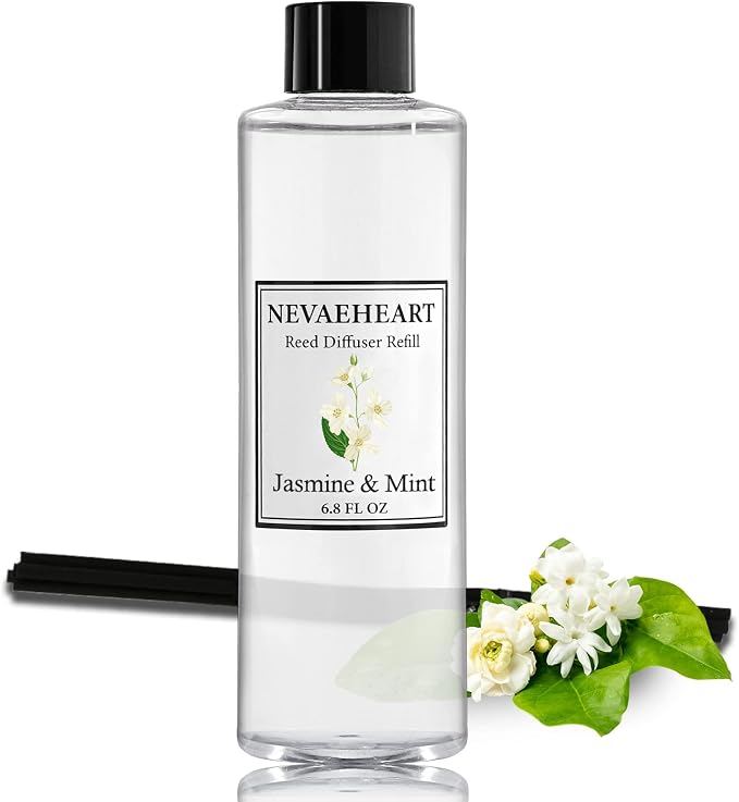 Reed Diffuser Refill, Jasmine & Mint Reed Diffuser Oil with Sticks Set, 6.8oz(200ml) Reed Diffuser Oil Refill Home Fragrance for Bedroom, Bathroom Home Decor