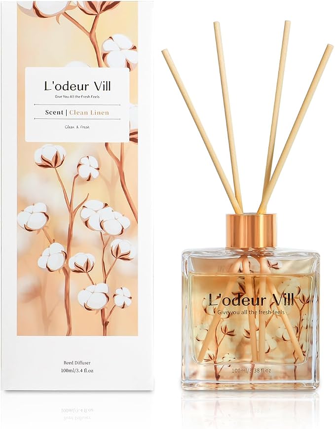 L'odeur Vill Reed Diffuser Set/Fresh Linen/3.38 fl.oz（100ML）/1 Pack with 6 Reed Sticks/Home Fragrance Diffuser, Oil Scent Diffuser for Bathroom Shelf Decor.