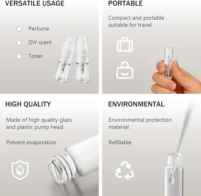 Elfenstall- 50PCS Clear Fine Mist Sample Vial Small 2ML Protable Refill Glass Atomizer Spray Perfume Bottle Hydrating Empty Bottle for Travel Makeup Party Free 5PCS Pipette Dropper