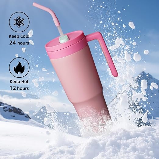 Konokyo Insulated Tumbler with Handle and Straw,40 OZ Vacuum Stainless Steel Water Bottle Travel Mug Metal Cup with Fruit Diffuser,Pink