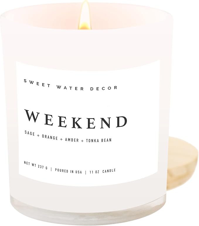 Sweet Water Decor Weekend Candle - Soy Citrus, Grapefruit, Sage, Amber, and Oakmoss Scented Spring Candles for Home - 11oz White Jar with Wood Lid, 50+ Hour Burn Time, Made in the USA