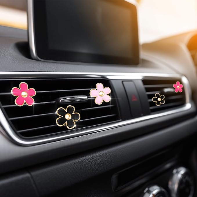 Frienda 6 Pcs Daisy Flower Air Vent Clip Accessories Air Conditioning Outlet Clip Car Air Freshener Dashboard Accessories Charm Car Inter Decor(3 cm, 3.3 cm,Red, Pink, Black)