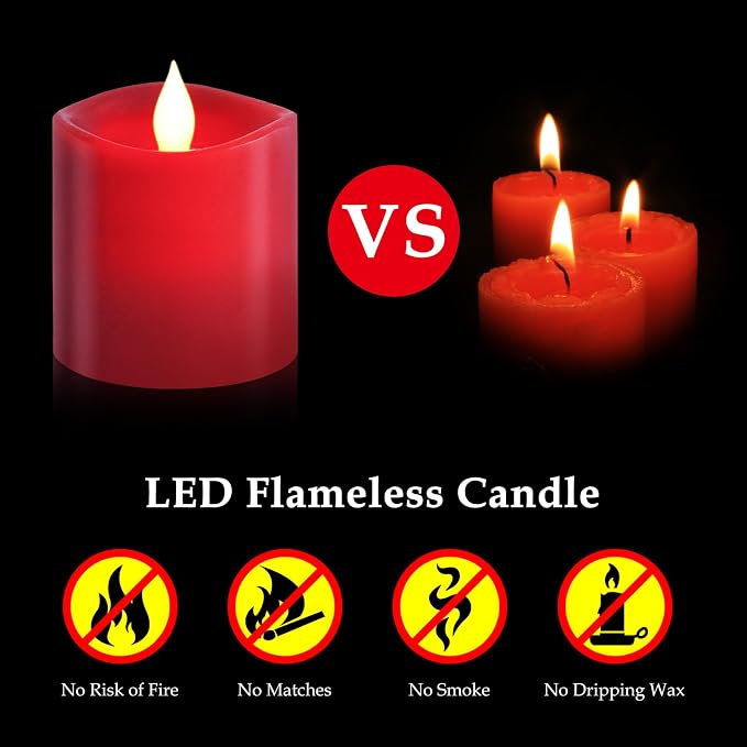 Red LED Pillar Candles 3x3 Inch - Battery Operated Flameless Candles with Remote Timer & Realistic Flickering Flame, 600+ Hours Lasting for Christmas Halloween Home Decor (1-Pack)