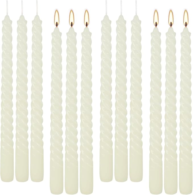 WPONSZU 10 Inch Ivory Spiral Taper Candle Set of 12 Pack Unscented Dripless Candlesticks for Valentine's Day,Dinner,Party,Brithday,Wedding,Christmas,and Home Decoration