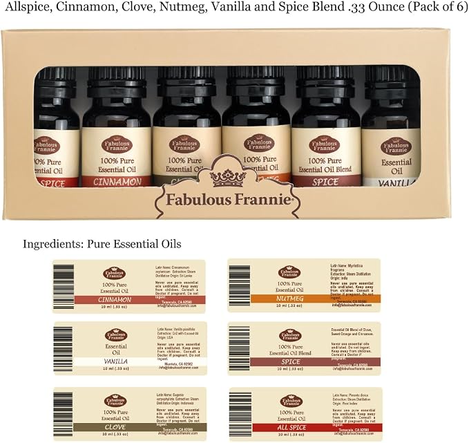 Fabulous Frannie 100% Pure Essential Oil Fall Set - Allspice, Cinnamon, Clove, Nutmeg, Vanilla and Spice Blend .33 Ounce (Pack of 6)