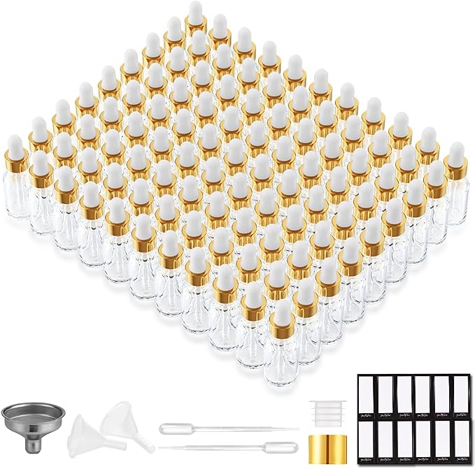 PrettyCare Glass Eye Dropper Bottles 99 Pack, 0.5oz (15ml) Empty Thick Bottles Bulk with Leakproof Golden Caps