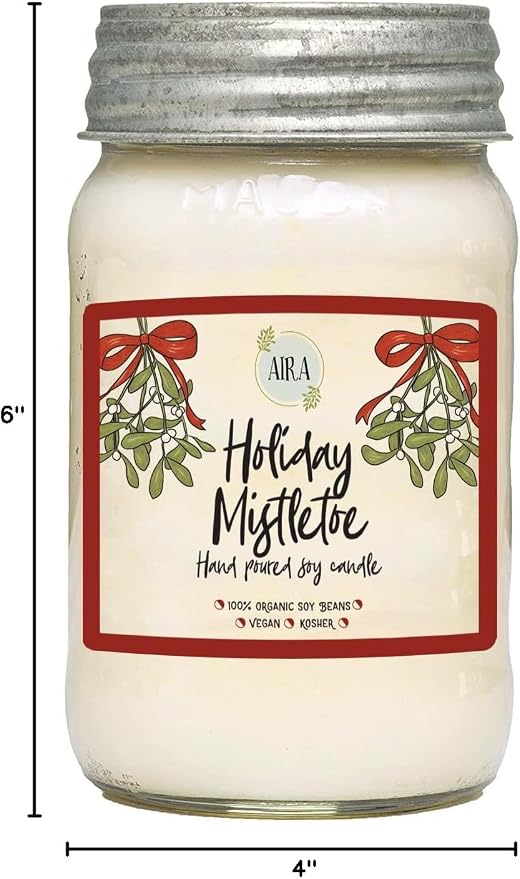 Aira Soy Candles - Organic, Kosher, Vegan, in Mason Jar w/Therapeutic Essential Oils - Hand-Poured 100% Soy Candle Wax - Paraffin Free, Burns 110+ Hours - Holiday Mistletoe Christmas Candle - 16 Oz