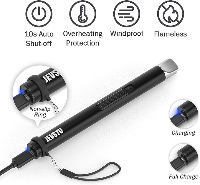 Electric Lighter, Candle Lighter USB Rechargeable, Arc Windproof Flameless Plasma Long Stick with Rope and Ring, Perfect for Candle BBQ Camping Kitchen Stove, Black