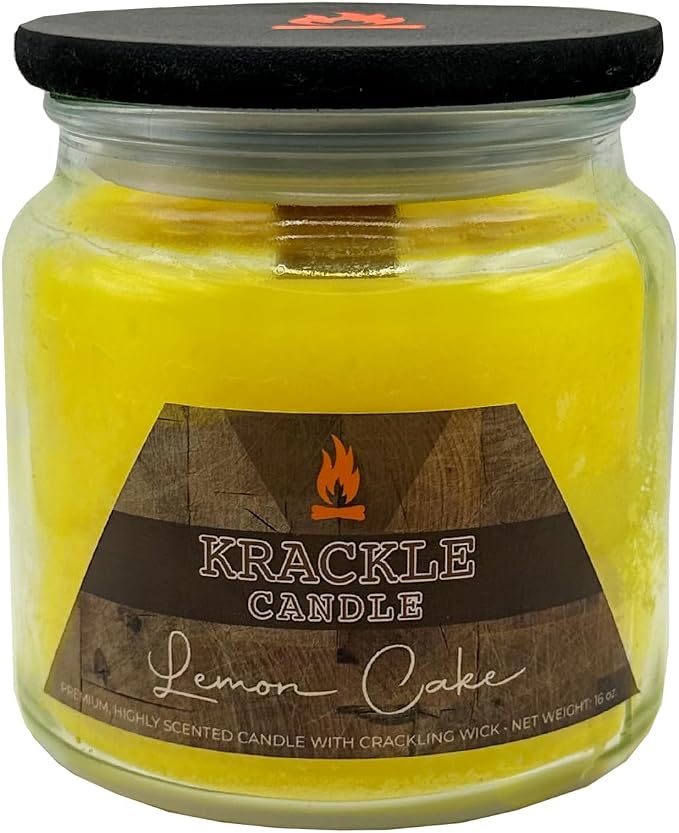 Krackle Candle | Lemon Cake | 16 oz Scented Candle with Natural Crackling Wooden Wick | Poured in the USA | Lemon, Banana & Vanilla Cream Fragrance