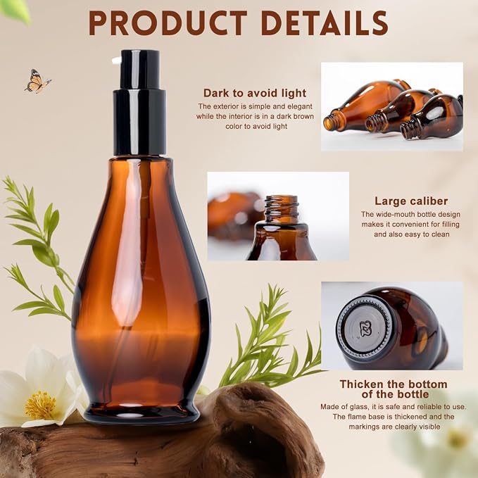2 Pcs 100ml(3.4oz) Gourd Shaped Amber Glass Pump Bottles, Empty Refillable Dispenser with Black Pump Head, Essential Oil Emulsion Sample Vials,Travel Size Cosmetic Containers for Lotion Shampoo
