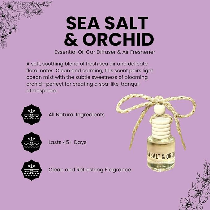 Sea Salt & Orchid Hanging Car Air Freshener – Long Lasting Essential Oil Diffuser for Car, Closet, Bathroom – 2-Pack Natural Scent Deodorizer