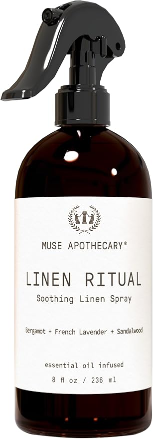 Muse Apothecary Linen Ritual - Aromatic, Soothing, and Relaxing Linen Mist, Laundry and Fabric Spray - Infused with Aromatherapy Essential Oils - 8 oz, Bergamot + French Lavender + Sandalwood