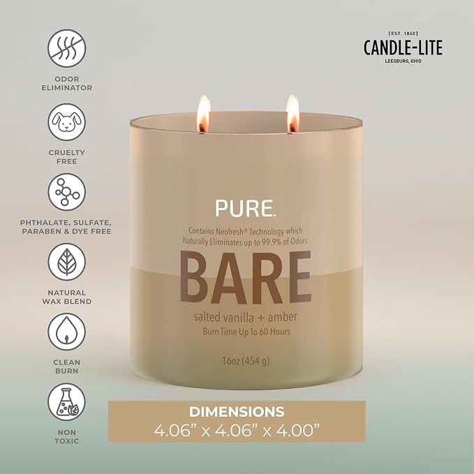 Candle-Lite Pure Salted Vanilla & Amber Odor Eliminating Scented Candles, Neofresh Technology Eliminates 99.9% of Odors, 16 oz 2-Wick Jar, Proudly Poured in The USA, Up to 60 Hours Burn Time