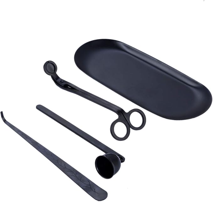 MUXSAM 4-in-1 Candle Accessory Set, Wick Trimmer, Candle Snuffer, Dipper, Storage Tray Plate, Care Tools for Candle Lovers (Black)