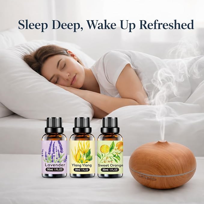 Umisleep High-Potency Essential Oils Set for Better Sleep & Relaxation - Long-Lasting Essential Oils for Diffusers, Aromatherapy, Humidifiers, Lavender, Sweet Orange, Ylang-Ylang, 3 x 30 ml, Gift Set