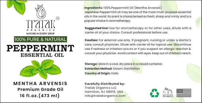 16 fl oz - Peppermint Essential Oil 100% Pure, Uncut and Natural, 16 fl oz - Peppermint Essential Oil for Aromatherapy, Diffuser, Hair Care, Skin Massage - with Dropper