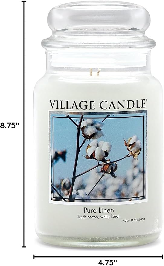 Village Candle Pure Linen Large Glass Apothecary Jar, Scented Candle, 21.25 oz., White