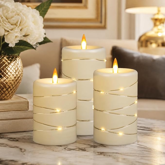 Upinmz Flickering Flameless Candles with String Lights, Battery Operated Candle, LED Candles Unbreakable Acrylic Candles with Remote Control and Timer -3 Pack Ivory White