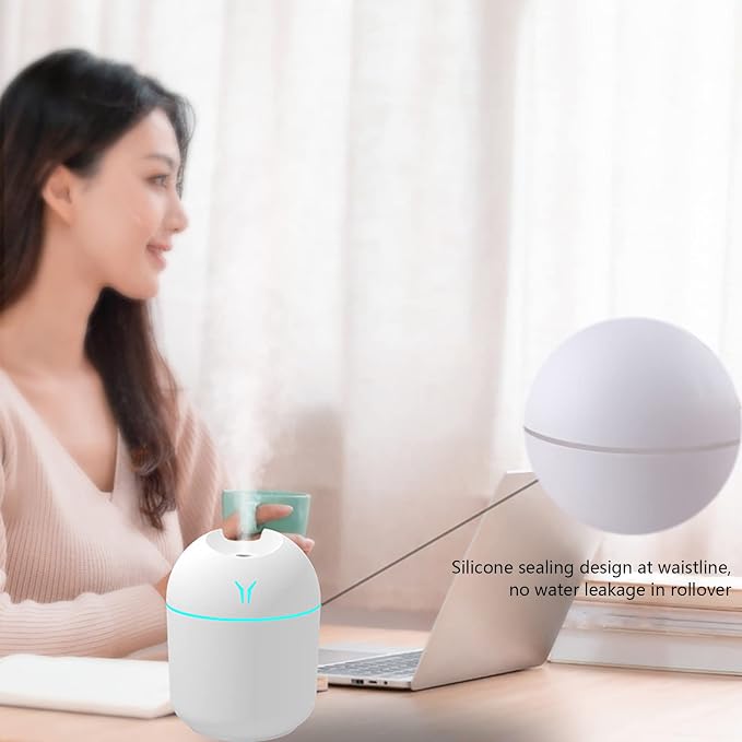 Portable Mini Humidifier, USB Personal Desktop Air Humidifier for Baby Bedroom Travel Office Home with Light, 300ml Small Cool Mist Humidifier, Essential Oil Diffusers Easy Clean
