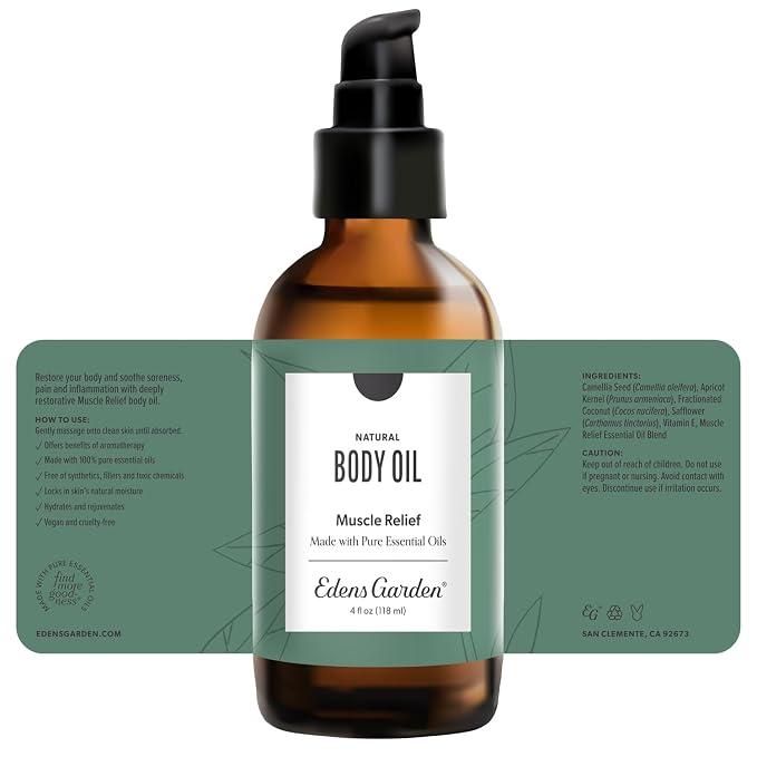 Edens Garden Muscle Relief Bath & Body Oil – Pure Essential Oils & Vitamin E for Massage, Moisturizing, Sore Muscles & Joints – Soothing & Scented with Peppermint & Wintergreen Oils, 4 fl oz (118 ml)