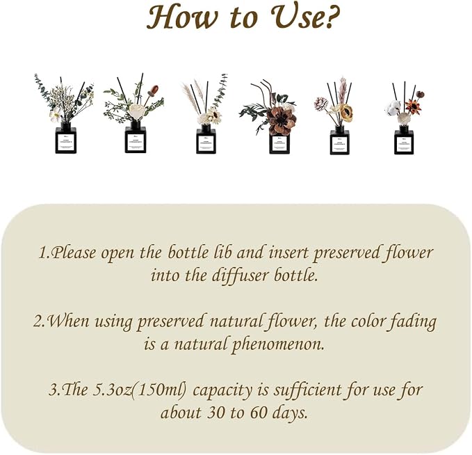 Reed Diffusers for Home, Natural Flower Reed Diffusers Set,150ml(5.3oz) Long Lasting Reed Fragrance for Bathroom, Home Fragrance Diffuser, Scent Diffusers, Scented Oils, Bathroom Décor，Air Fresheners