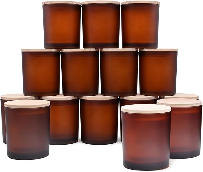 SHOWIN 10 OZ Thick Candle Jars for Making Candles 15 Pcs, Empty Jars with Wood Lids for Candle Making, Sample Container, Frosted Brown