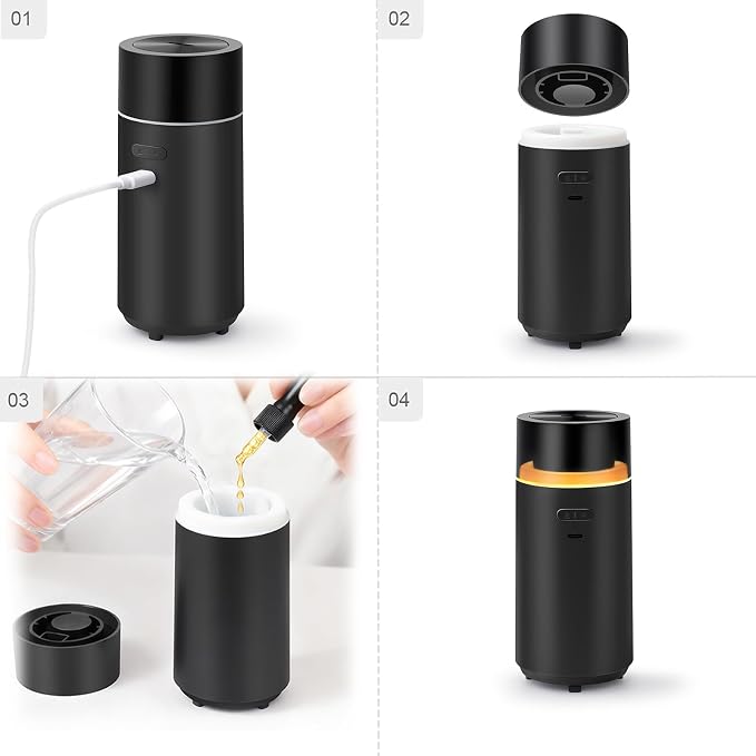 HODEMI Portable Smart Car Essential Oil Diffuser,Cordless Mini Cold Mist Aromatherapy Air Freshener Diffuser with Mode Memory,Auto On/Off,4/8 Timer Modes,for Bedroom Office and Travel (Black)