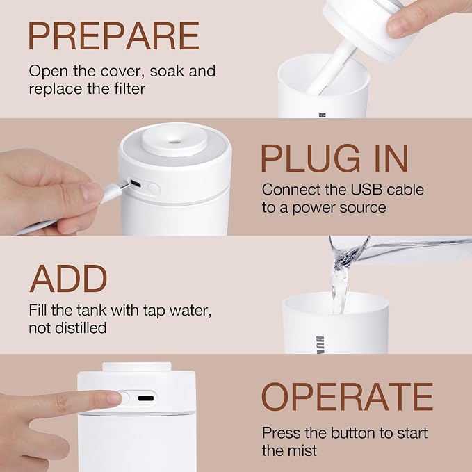 Small Mini Humidifier, USB Desk Cool Mist Humidifier Personal Portable Quiet Table Desktop Humidifiers for Cooling Home Office Car Summer Travel (180ml, White Grey)
