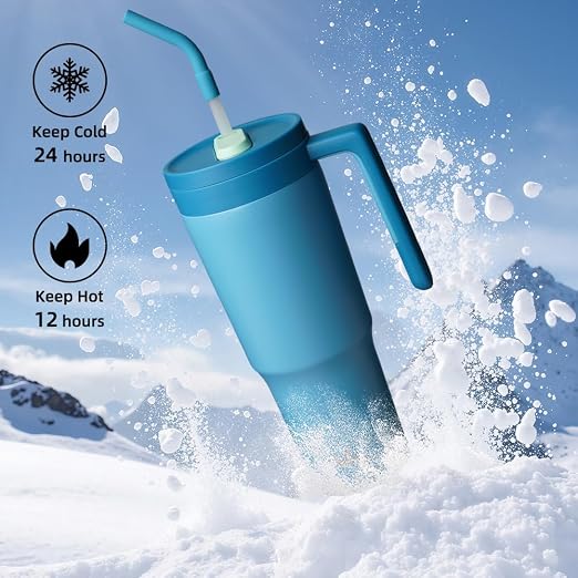 Konokyo Insulated Tumbler with Handle and Straw,40 OZ Vacuum Stainless Steel Water Bottle Travel Mug Metal Cup with Fruit Diffuser,Dark Blue
