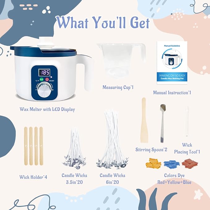 KQU Candle Wax Melting Pot with Temp Control, Wax Melter Digital Temp for Candle Making Including Wicks,Color Dyes