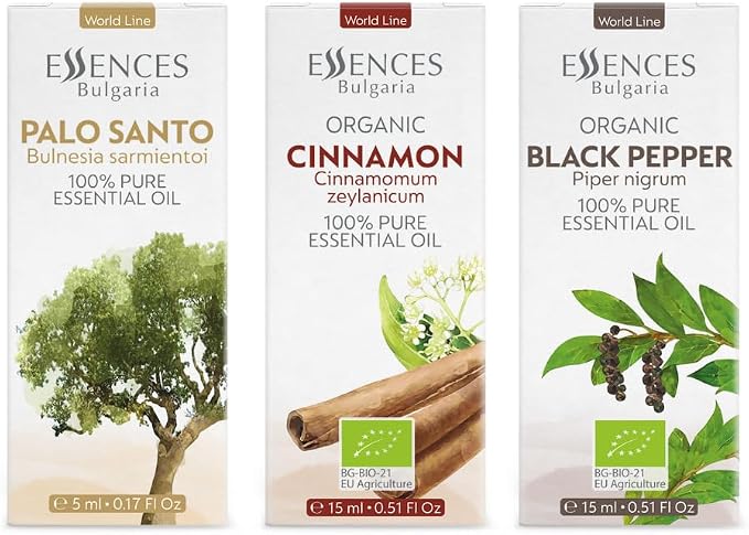 Set Inner Balance Organic Essential Oils |1.18 Fl Oz | Cinnamon (15ml) + Black Pepper (15ml)+ Palo Santo (5ml) | 100% Pure and Natural | Undiluted | Therapeutic Grade | Non-GMO | 3 pcs