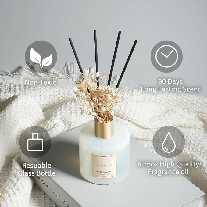 Diffusers for Home 6.76 fl oz（200ml）, YISOWUH White Jasmine Reed Diffuser Set Oil Diffusers with 8 Reed Sticks, Long Lasting Fragrance for Home Decor, Bathroom, Bedroom, Gifts