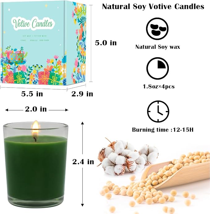 4 Packs Unscented Green Votive Candles in Glass, 2 Inch Natural Soy Wax Scentless Candles for St. Patrick's Day Wedding Party Home Holidays Relaxation Spa, 12-15 Hour Burning Time