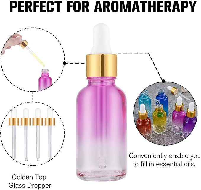 PrettyCare Glass Eye Dropper Bottles 99 Pack, 1oz (30ml) Rainbow Empty Thick Bottles Bulk with Leakproof Golden Caps - With Labels & Funnels for Storage, Travel, Essential Oils, Cuticle, Tinctures