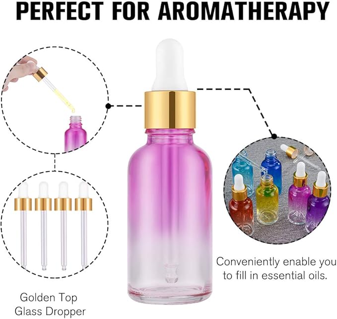 PrettyCare Glass Eye Dropper Bottles 24 Pack, 1oz (30ml) Rainbow Empty Thick Bottles Bulk with Leakproof Goledn Caps - With Labels & Funnels for Storage, Travel, Essential Oils, Cuticle, Tinctures