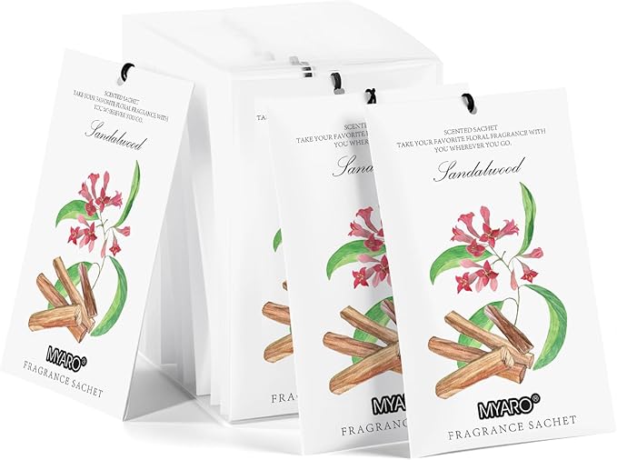 MYARO 12 Pack Sandalwood Scented Sachets for Drawer, Closet & Small Spaces Air Freshener Bags, Odor Eliminator for Clothes, Car, Wardrobe, Home Fragrance Gift Set
