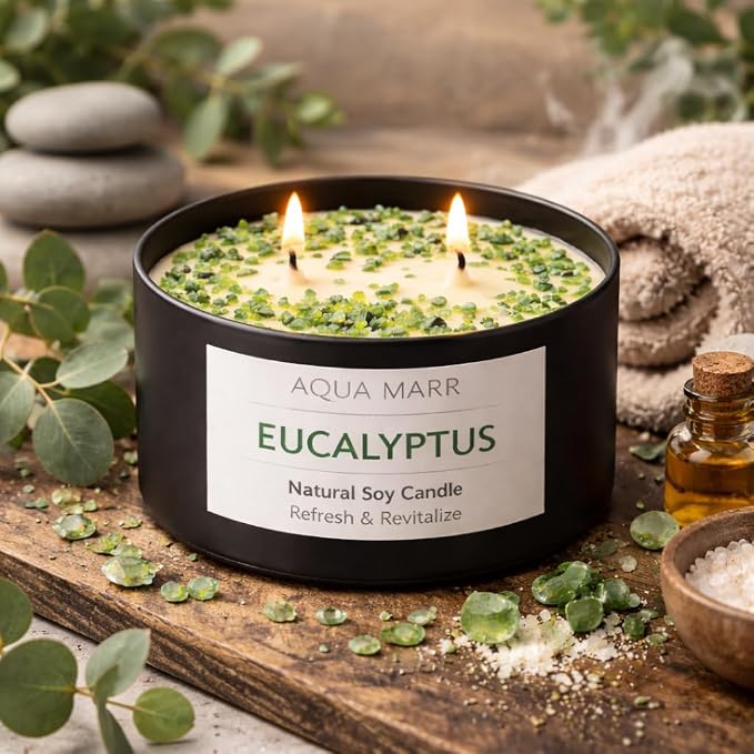 Eucalyptus Soy Candle – 8 oz Aromatherapy Spa, Fresh Eucalyptus Scent, Clean Burning Hand-Poured Candle for Relaxation, Home & Bathroom Décor – Aqua MARR
