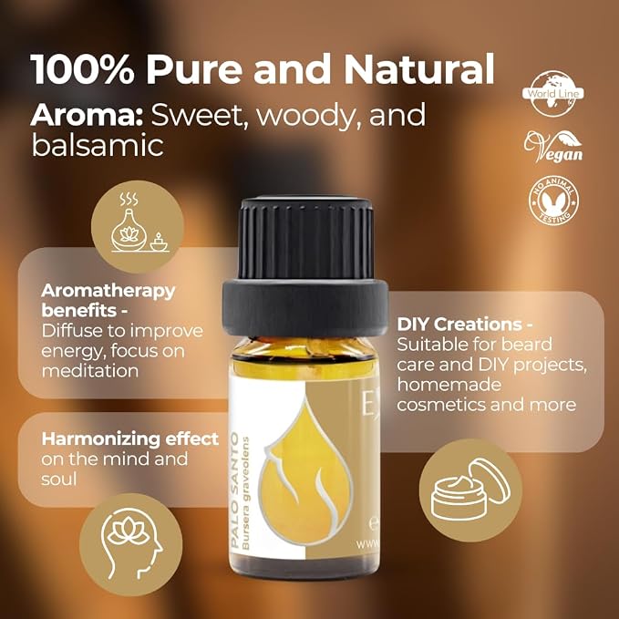 Essences Bulgaria Palo Santo Essential Oil 0.17 Fl Oz 5ml Bulnesia Sarmientoi - 100% Pure Natural Undiluted Therapeutic Grade Aromatherapy for Diffuser Humidifier Candle Making Hair and Beard Growth
