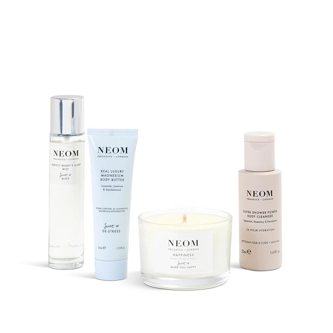 NEOM- Wellbeing Discovery Collection | Perfect Night's Sleep Pillow Mist, Happiness Travel Candle, Real Luxury Magnesium Body Butter & Super Shower Power Cleanser | Gift Set