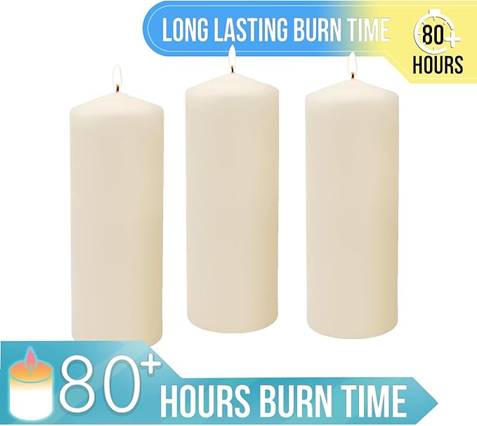 Stonebriar Unscented Pillar Candles – 80 Hour Burn Time, Long-Lasting Wax Candles for Weddings, Holidays, Home Décor & Special Events, Pack of 3, Ivory, 3" x 8"