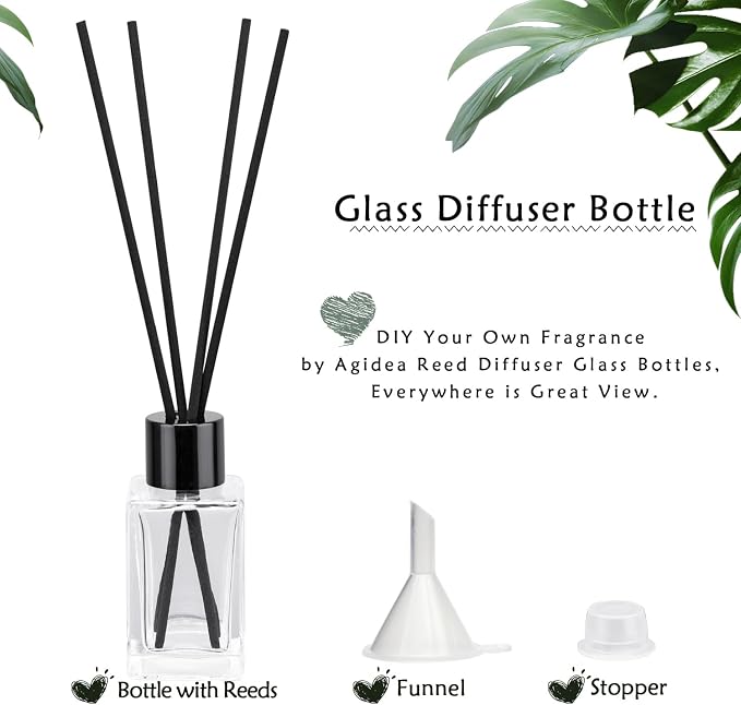 4PCS Empty Glass Fragrance Reed Diffuser Bottles, Refillable Diffuser Bottles with 20pcs Reeds Sticks & Black Caps & Funnel, Diffuser Jars for Home Oil Fragrance Decoration (50ML)
