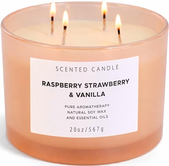 Raspberry Strawberry Vanilla Scented Candle | 4 Wick Extra Large Soy Candle 20 oz | Strong Scented Fruity Aromatherapy Candle for Women | Sweet Berry Vanilla Home Scent | Long Lasting Clean Burn