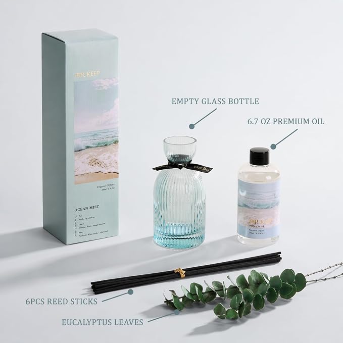 Airkeep Reed Diffuser Set 6.76 oz – Ocean Mist Decorative Home Fragrance with Eucalyptus Sticks, Ribbed Glass Diffuser for Bathroom & Bedroom Décor, Gift Ready