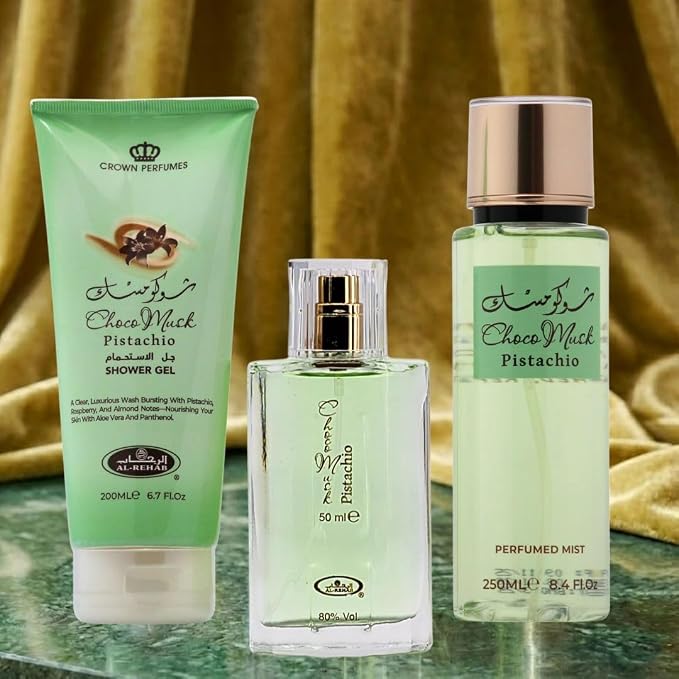 Al-Rehab Choco Musk Pistachio 3-Piece Gift Set – Eau de Parfum 50ml + Shower Gel 200ml + Body Mist 250ml – Pistachio & Vanilla Unisex Collection