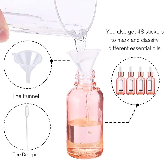 PrettyCare Glass Eye Dropper Bottles 24 Pack, 1oz (30ml) Rose Empty Thick Bottles Bulk with Leakproof Caps - With Labels & Funnels for Storage, Travel, Essential Oils, Cuticle Oils, Tinctures