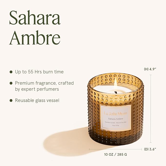 LA JOLIE MUSE Sahara Amber Scented Candles for Home, Natural Soy Wax 55 Hrs | Luxury Brown Jar Candle, Clean Non Toxic, Gift for Women & Men, Decorative Candles, Pretty Candle, Bergamot, Musk & Patchouli